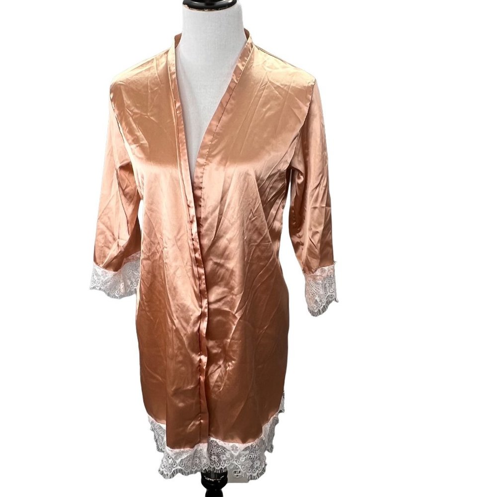 Shein Satin Kimono Robe Copper Gold Lace Trim size S Open Front